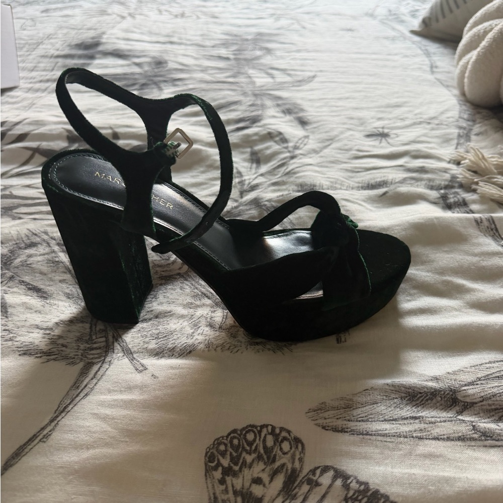 Marc Fisher Dark Green Velvet Platform Block Heel Sandals